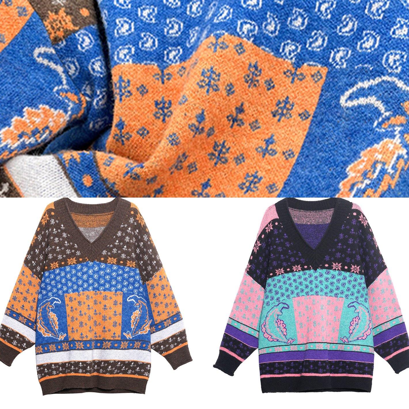 For Spring chocolate print knit tops trendy plus size v neck patchwork Blouse - SooLinen