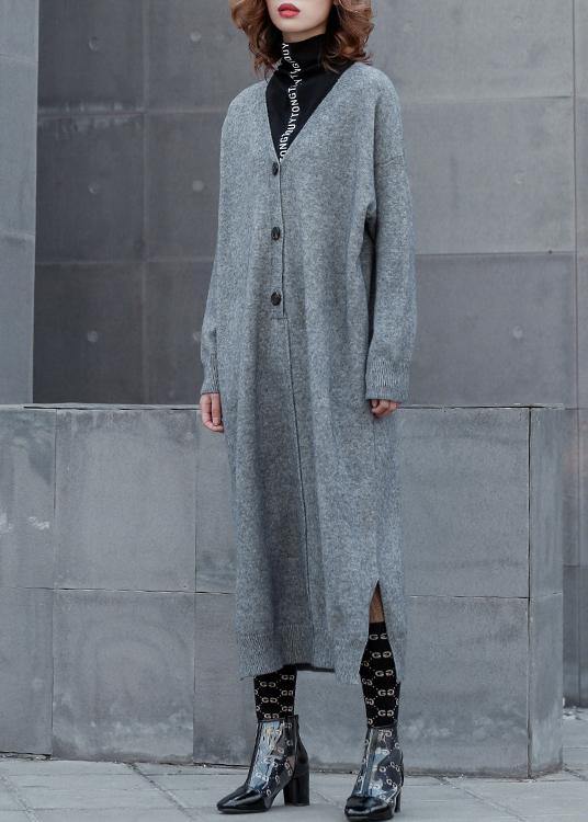 For Spring gray Sweater outfits plus size v neck side open Funny knitwear - SooLinen