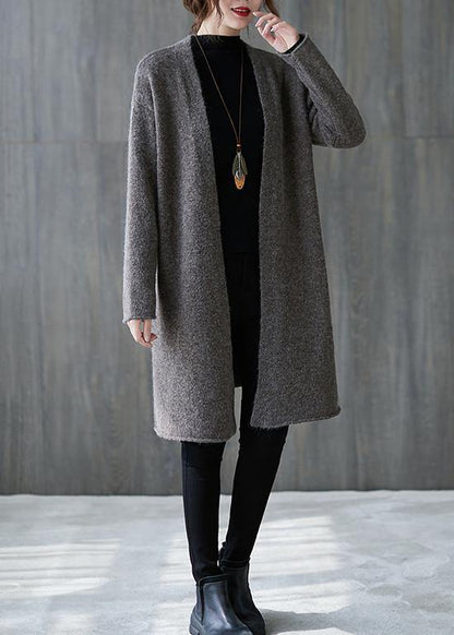 For Spring gray knitted outwear oversized fall v neck sweaters - SooLinen