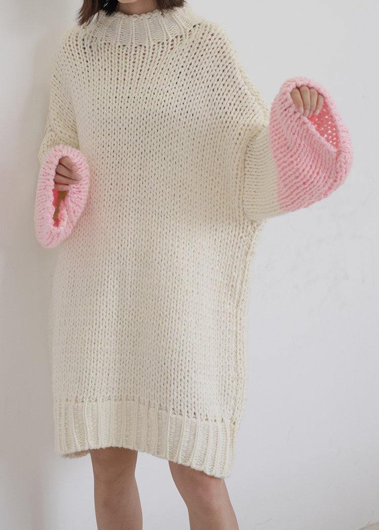 For Spring o neck Batwing Sleeve Sweater dress outfit Classy beige Funny knitwear - SooLinen