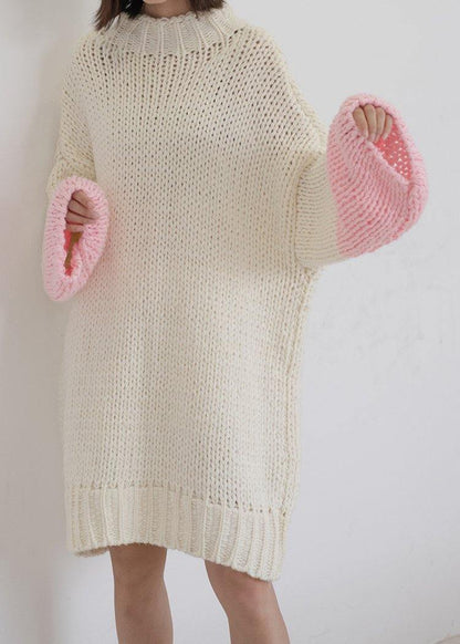 For Spring o neck Batwing Sleeve Sweater dress outfit Classy beige Funny knitwear - SooLinen