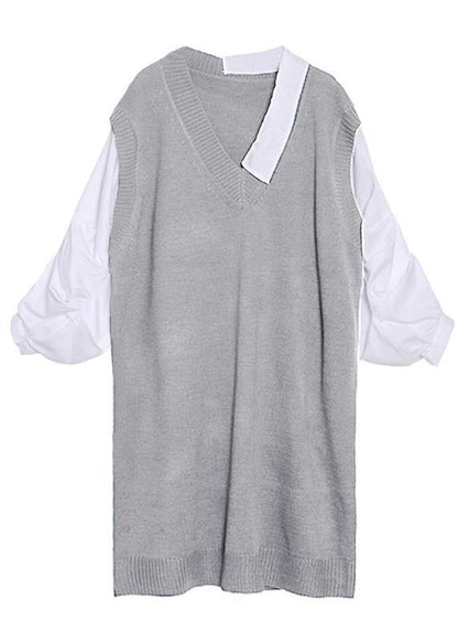 For Spring patchwork Puff Sleeve Sweater weather plus size gray Mujer knit dress - SooLinen
