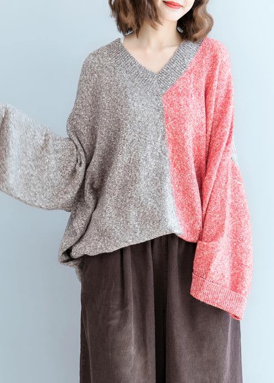 For Spring red knitwear plus size v neck patchwork clothes For Women - SooLinen