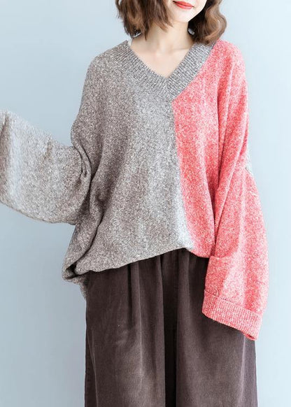 For Spring red knitwear plus size v neck patchwork clothes For Women - SooLinen