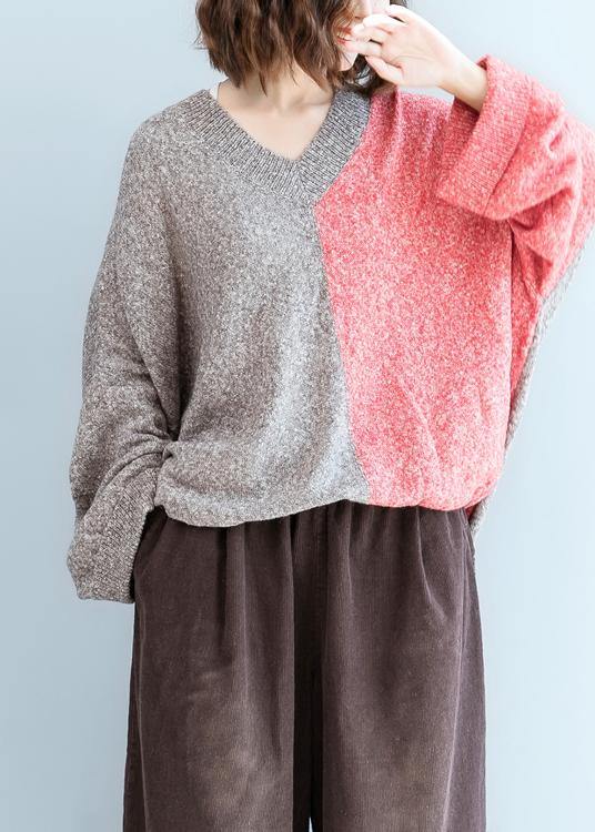 For Spring red knitwear plus size v neck patchwork clothes For Women - SooLinen