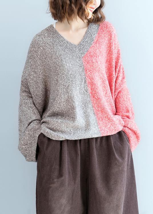 For Spring red knitwear plus size v neck patchwork clothes For Women - SooLinen