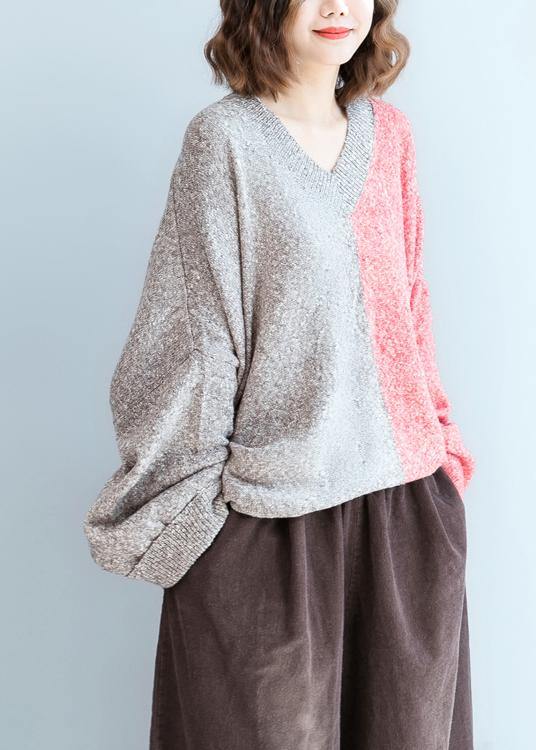 For Spring red knitwear plus size v neck patchwork clothes For Women - SooLinen