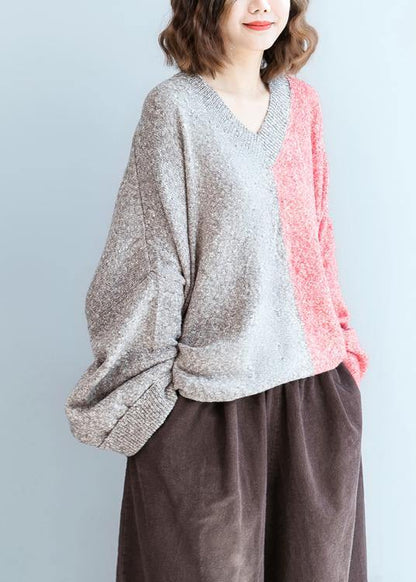 For Spring red knitwear plus size v neck patchwork clothes For Women - SooLinen