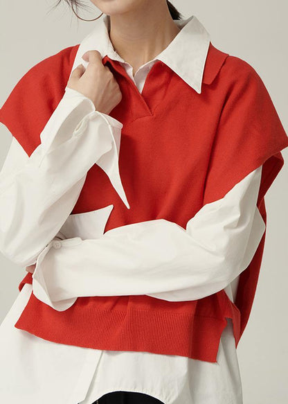 For Spring red sweaters trendy plus size lapel sleeveless knit tops - SooLinen