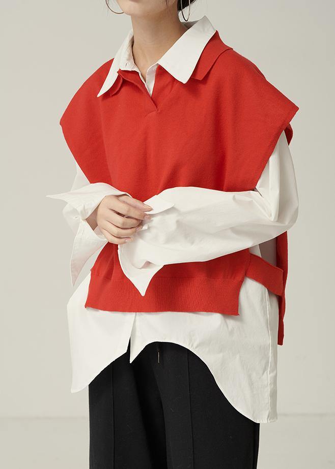 For Spring red sweaters trendy plus size lapel sleeveless knit tops - SooLinen
