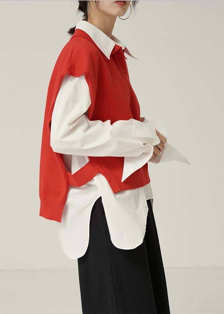 For Spring red sweaters trendy plus size lapel sleeveless knit tops - SooLinen