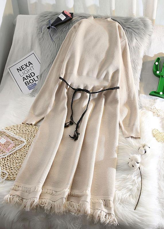 For Spring tassel Sweater weather fashion beige Hipster knitted dress - SooLinen