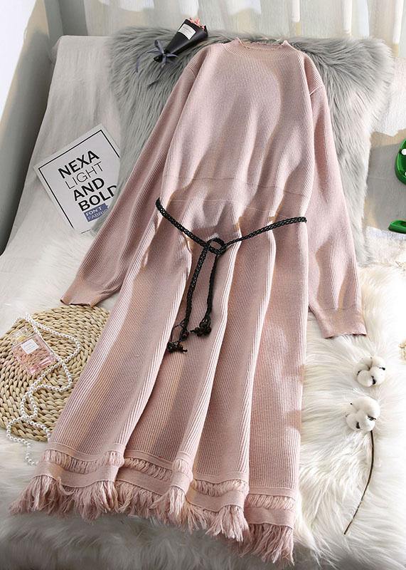 For Spring tassel Sweater weather fashion beige Hipster knitted dress - SooLinen