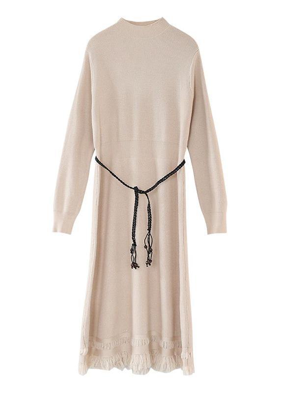 For Spring tassel Sweater weather fashion beige Hipster knitted dress - SooLinen