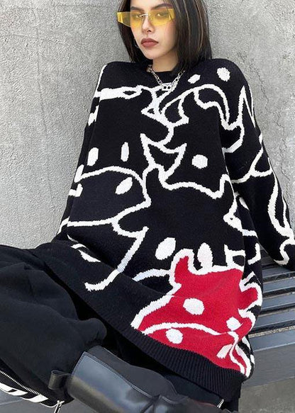 For Work Black Cartoon Flower Weaving Knit Blouse  O Neck Plus Size Knit Sweat Tops - SooLinen