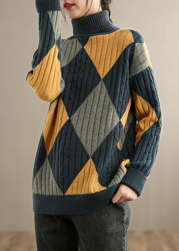 For Work Gray Blue Plaid Sweater Tops High Neck Oversized Sweaters - SooLinen