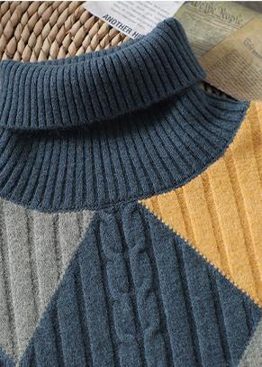 For Work Gray Blue Plaid Sweater Tops High Neck Oversized Sweaters - SooLinen