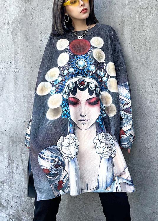 For Work Peking Opera Face Clothes O Neck Trendy Plus Size Knit Sweat Tops - SooLinen