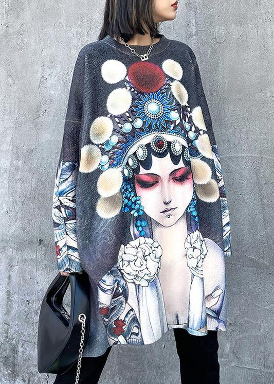 For Work Peking Opera Face Clothes O Neck Trendy Plus Size Knit Sweat Tops - SooLinen