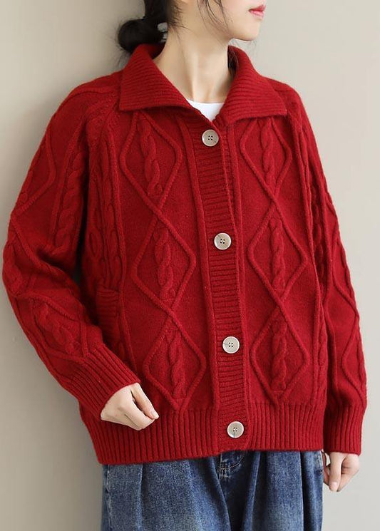 Red Knitted Top Stand Collar Pockets Oversized Spring Knitwear - SooLinen