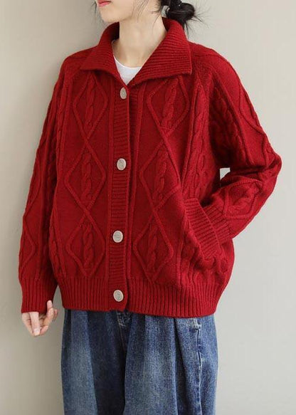 Red Knitted Top Stand Collar Pockets Oversized Spring Knitwear - SooLinen