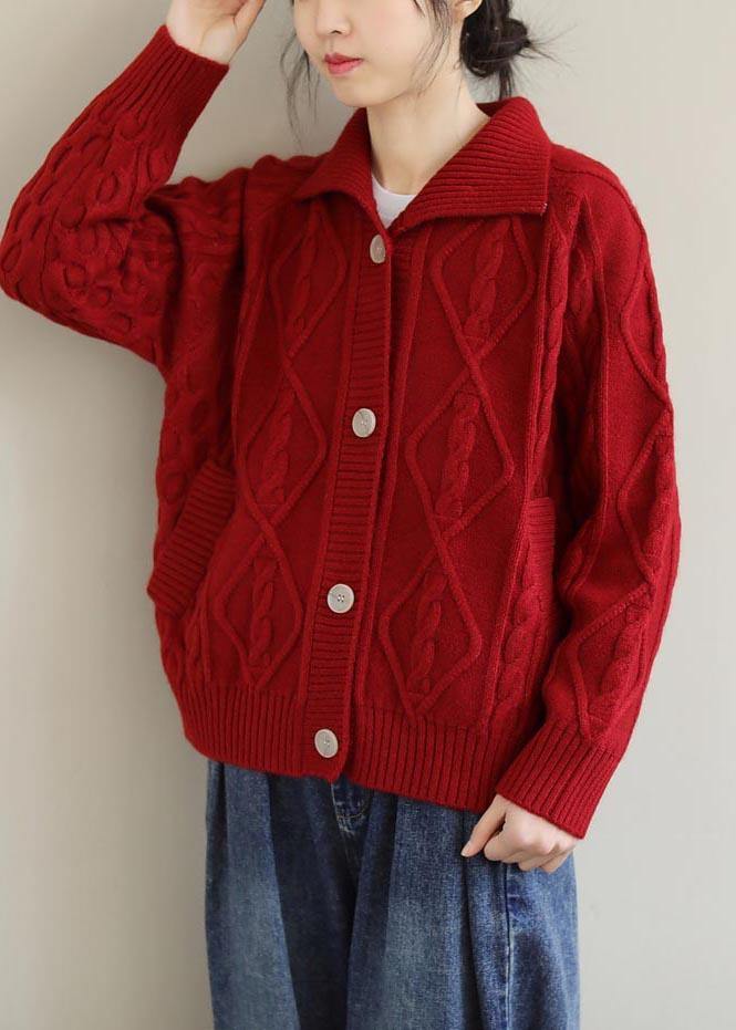 Red Knitted Top Stand Collar Pockets Oversized Spring Knitwear - SooLinen