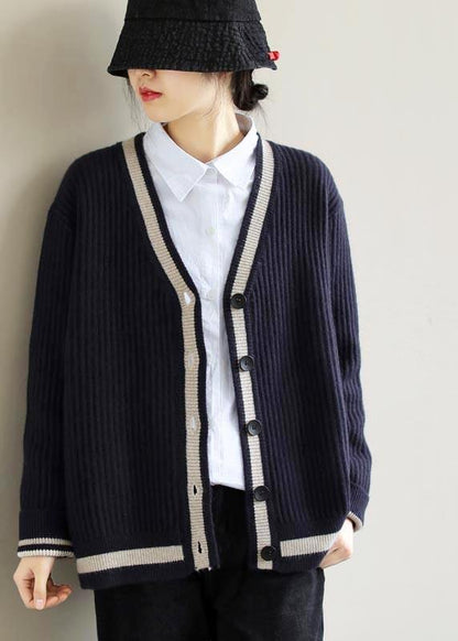 For Work Spring Navy Knit Tops V Neck Button Down Top - SooLinen