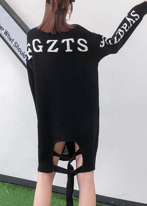 For Work alphabet Sweater high neck dress outfit plus size black Funny knit dress - SooLinen
