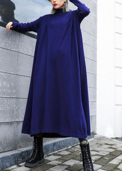 For Work blue Sweater dress Design high neck large hem Art fall knit dress - SooLinen