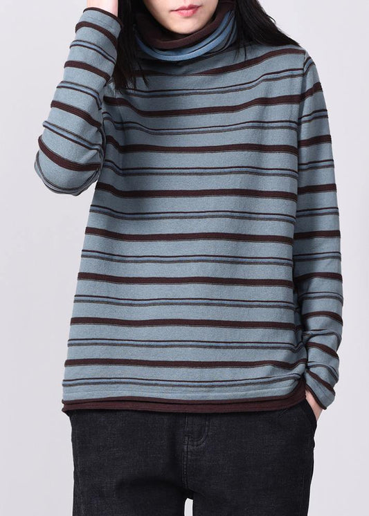 For Work blue knitted blouse plus size striped sweaters high neck - SooLinen