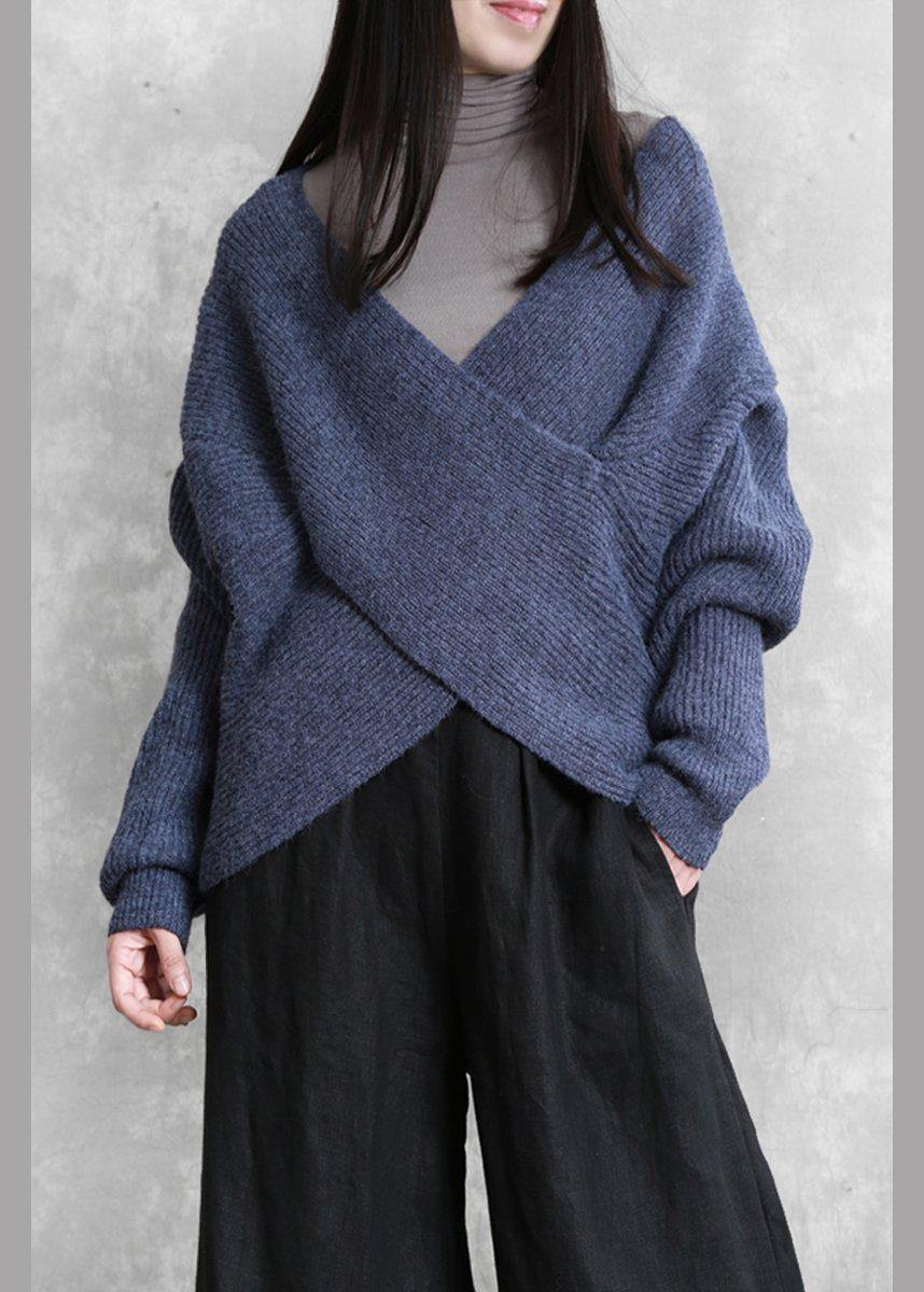 For Work blue knitted clothes plus size knit sweat tops v neck Batwing Sleeve - SooLinen