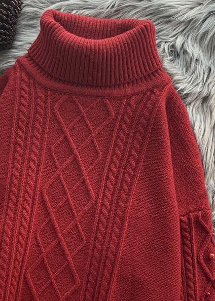 For Work burgundy Sweater Blouse low high design oversize high neck knitwear - SooLinen