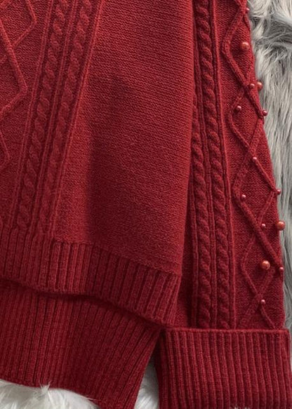 For Work burgundy Sweater Blouse low high design oversize high neck knitwear - SooLinen