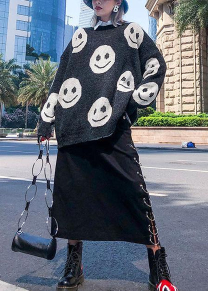 For Work dark gray print clothes trendy plus size o neck knit tops - SooLinen