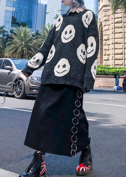 For Work dark gray print clothes trendy plus size o neck knit tops - SooLinen