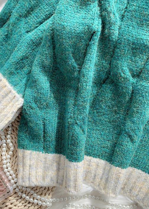 For Work fall green knit sweat tops plus size high neck patchwork Blouse - SooLinen