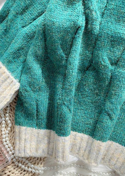 For Work fall green knit sweat tops plus size high neck patchwork Blouse - SooLinen