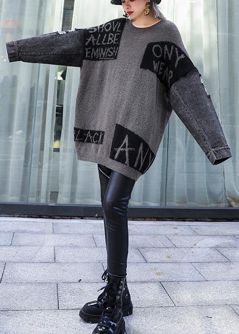 For Work gray chocolate patchwork knitted clothes plus size o neck Hole knitwear - SooLinen