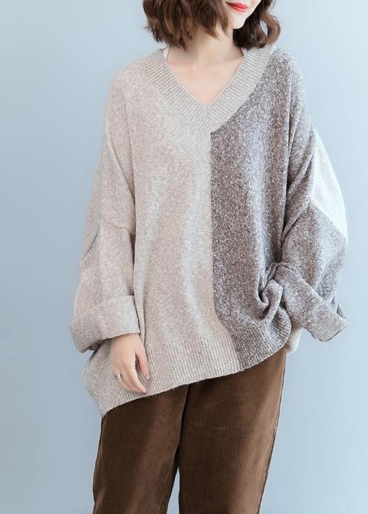 For Work gray knitted t shirt v neck patchwork trendy plus size knit sweat tops - SooLinen