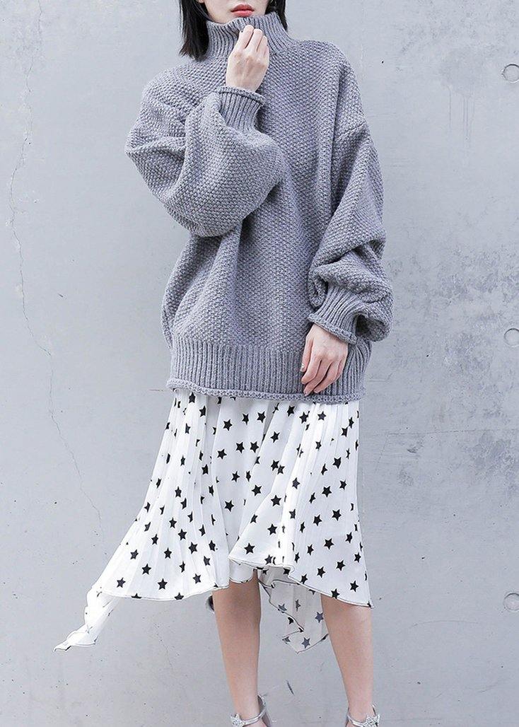 For Work gray knitwear plus size clothing high neck lantern sleeve knitted t shirt - SooLinen