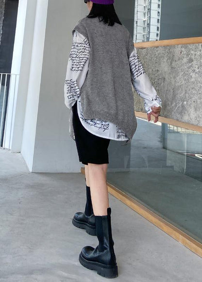 For Work gray sweater tops o neck sleeveless oversize knitwear - SooLinen