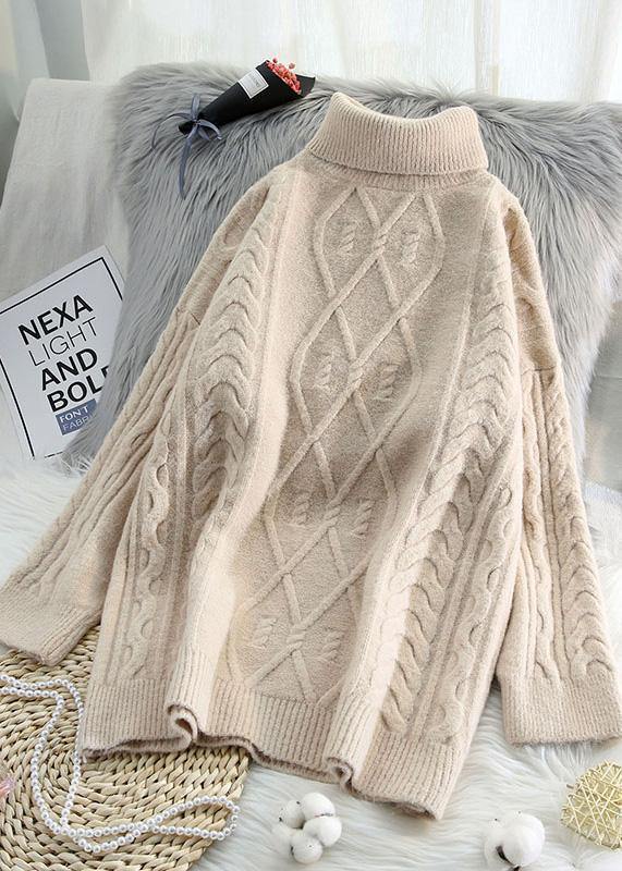 For Work high neck beige knitwear plus size spring knitted pullover - SooLinen