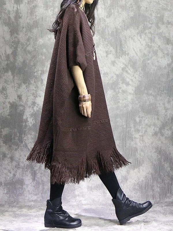 2021 Fall Tassel Sweater weather Vintage chocolate Fuzzy sweater dress - SooLinen
