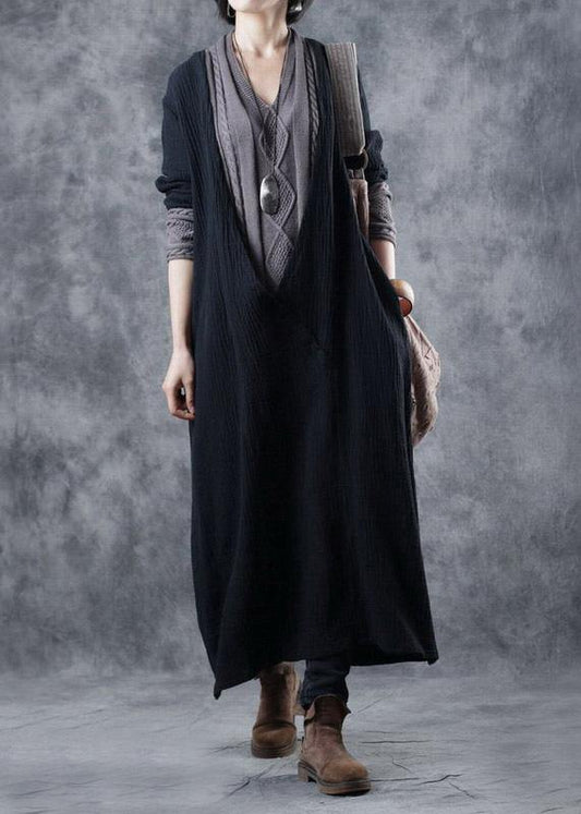 For Work patchwork Sweater v neck outfits Largo black DIY knit dress - SooLinen