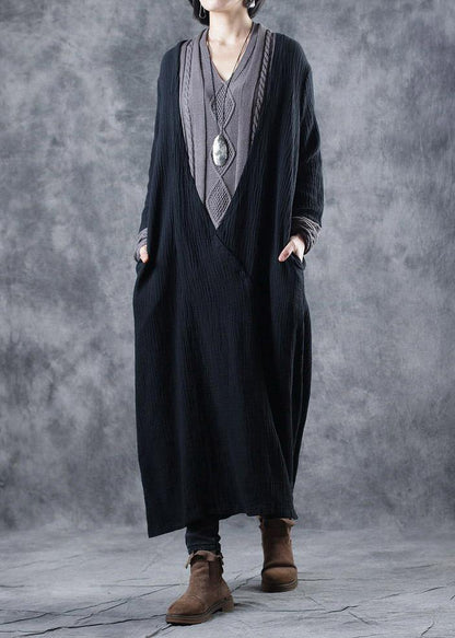 For Work patchwork Sweater v neck outfits Largo black DIY knit dress - SooLinen