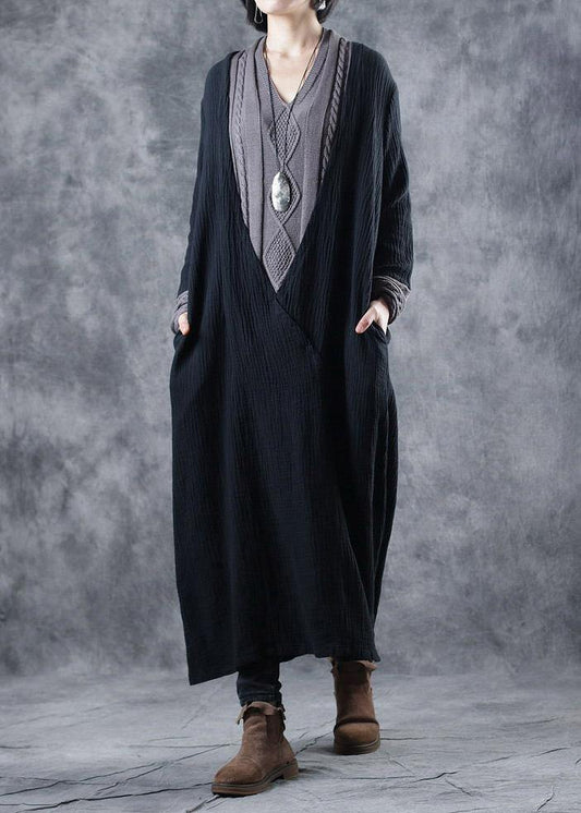 For Work patchwork Sweater v neck outfits Largo black DIY knit dress - SooLinen