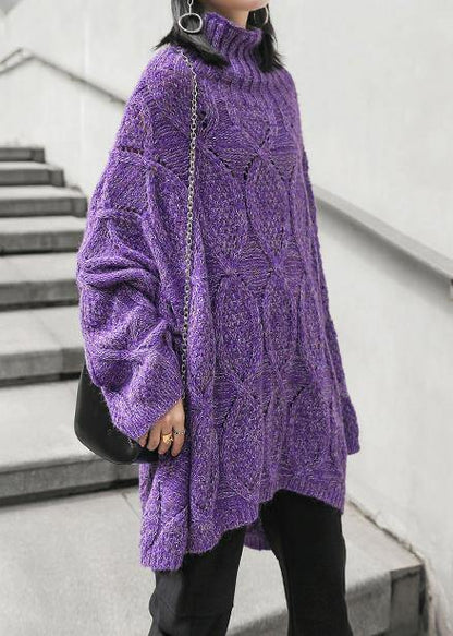 For Work purple clothes For Women high neck low high design oversize knitwear - SooLinen