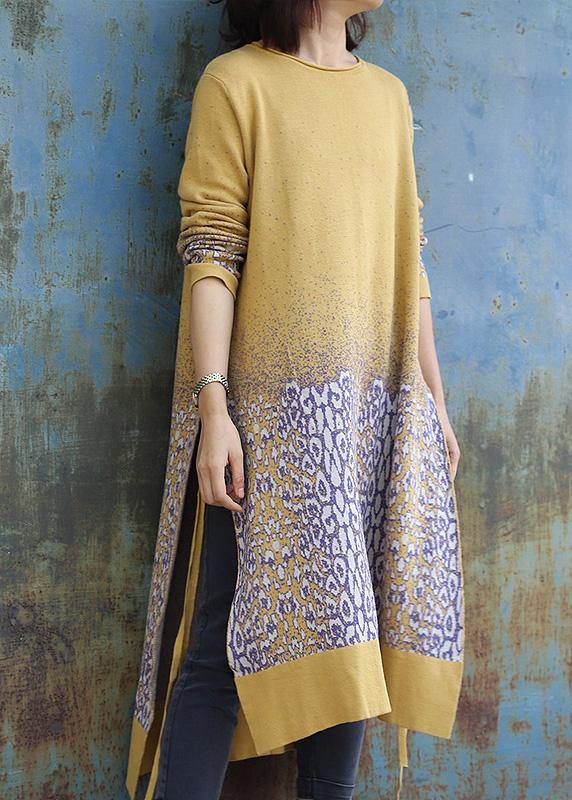 For Work side open Sweater o neck weather Classy yellow Jacquard Hipster sweater dress - SooLinen