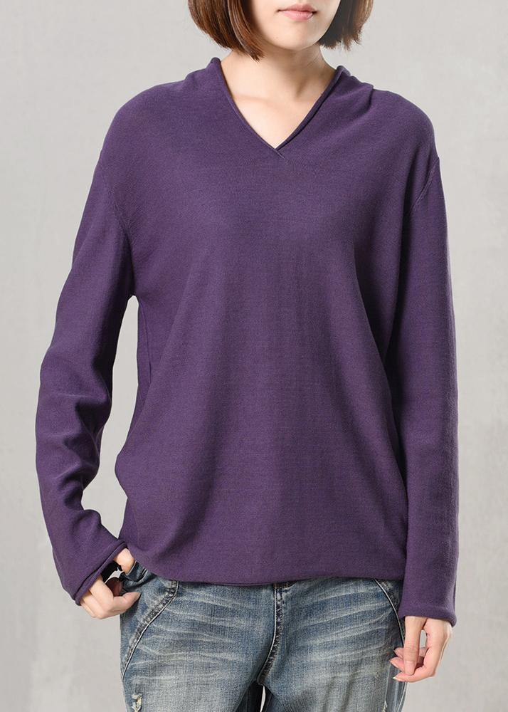For Work v neck wild sweater casual solid color sweaters purple - SooLinen