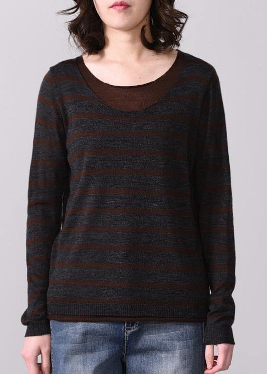 For fall striped knitted t shirt casual false two piecesknit sweat tops o neck - SooLinen